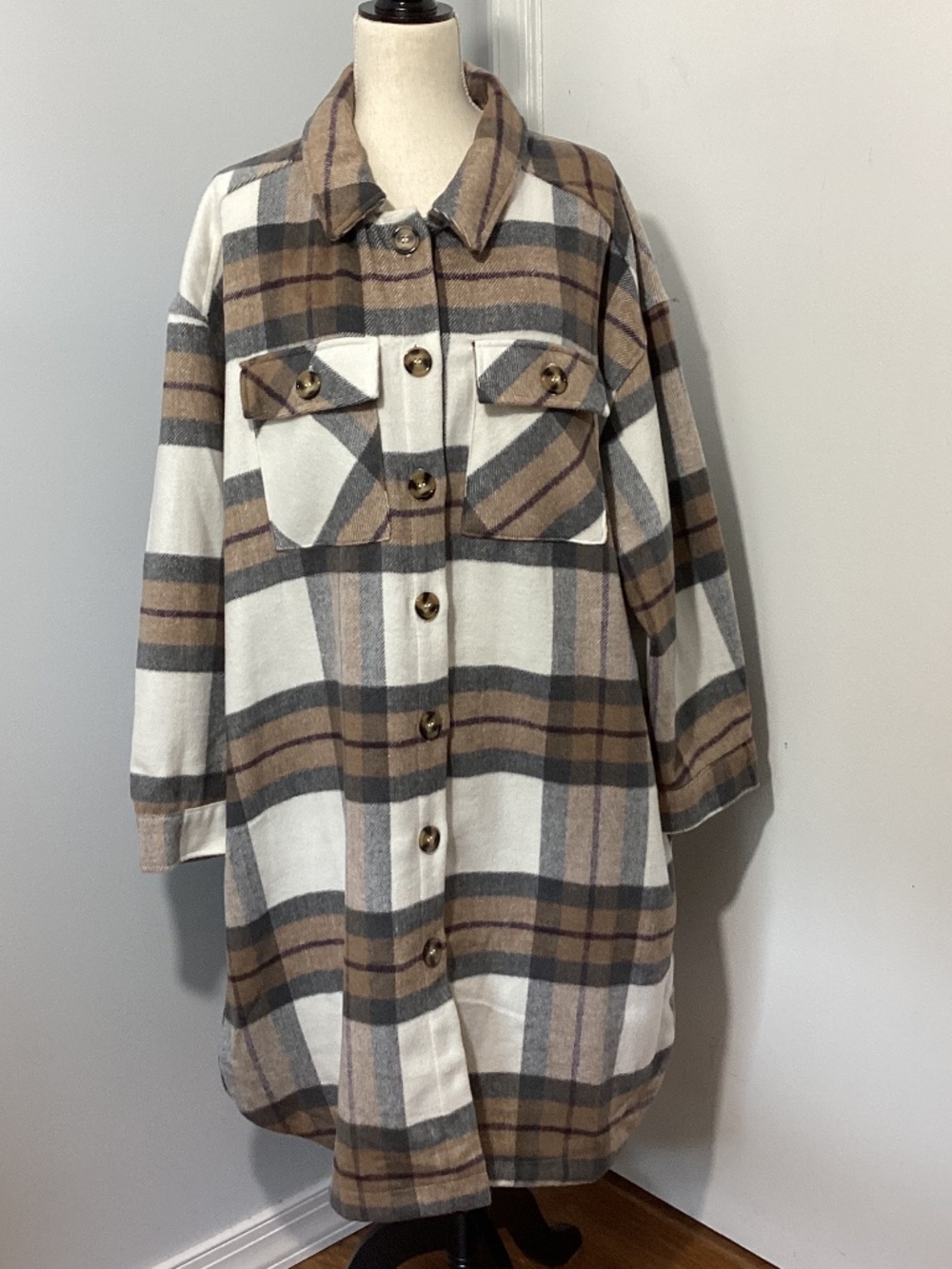 NWT SABRINA LAUREN 3X GREY/TAUPE PLAID LIGHTWEIGHT SHACKET JACKET COAT